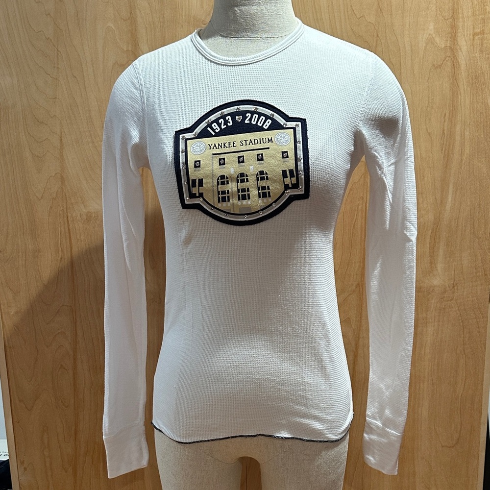 White Long Sleeve Tee with Yankee Stadium Patch